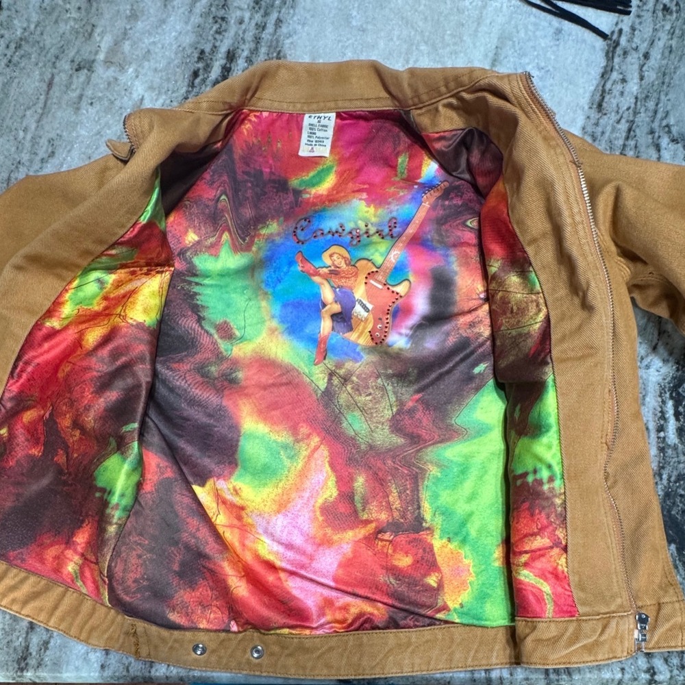 VTG Ethyl Canvas Jacket Womens Small Tie Dye Cowgirl Lining Tan Cotton Workwear - Picture 5 of 10
